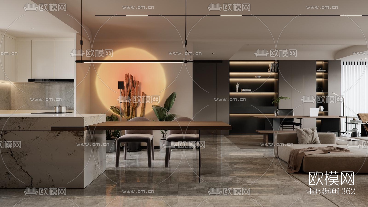 现代大平层效果图下载（渲染图3）