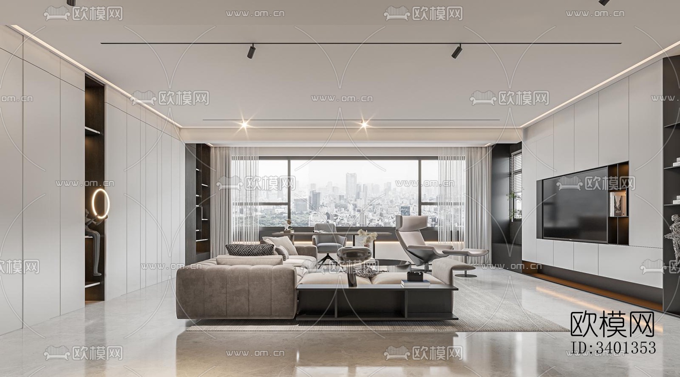 现代大平层效果图下载（渲染图2）