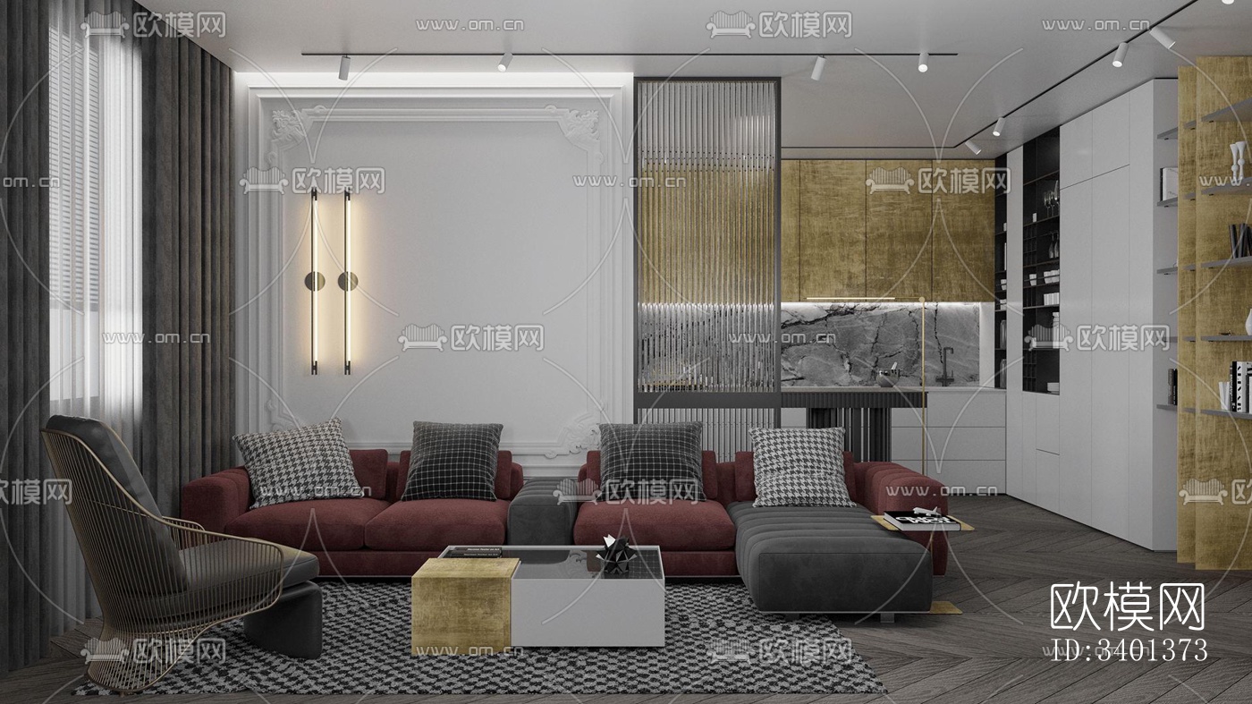 现代大平层效果图下载（渲染图1）