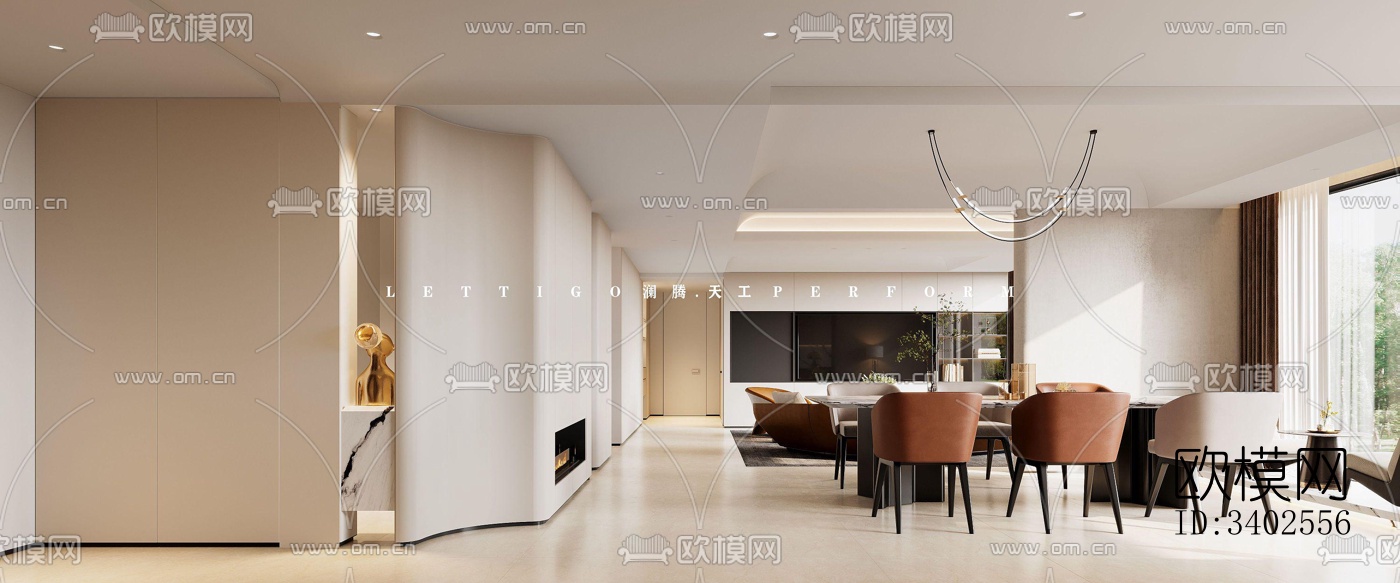 现代大平层效果图下载（渲染图1）