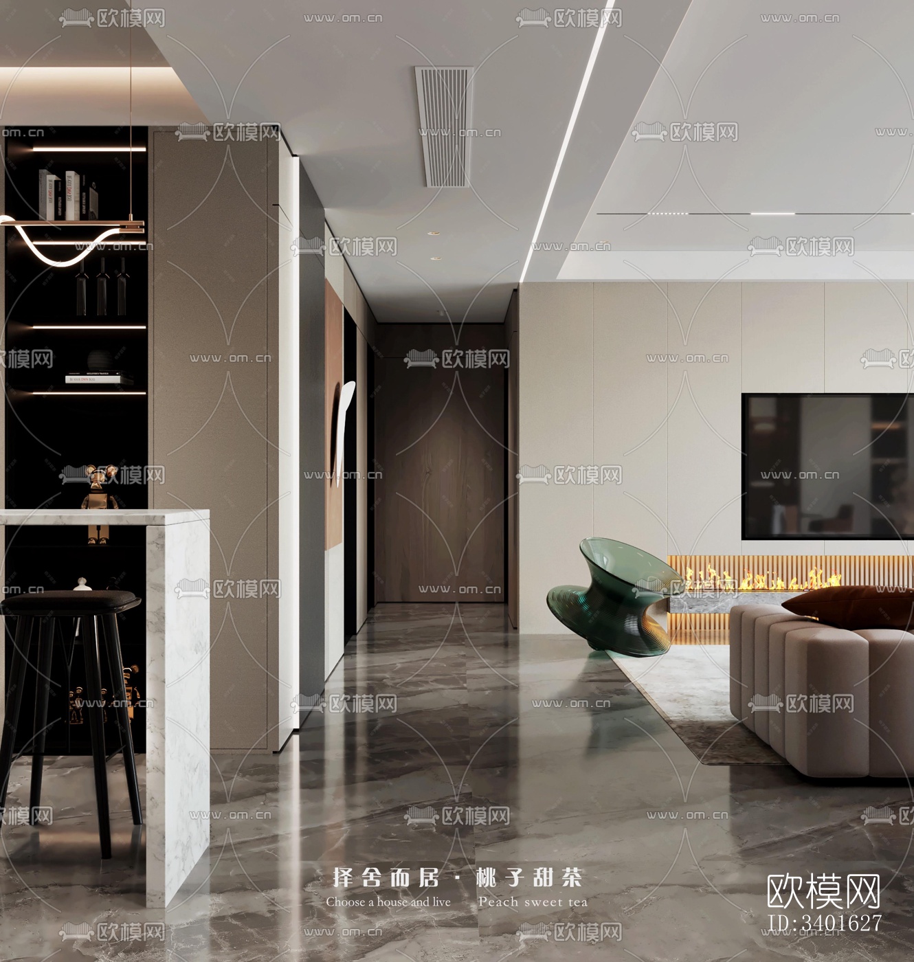 现代大平层效果图下载（渲染图3）