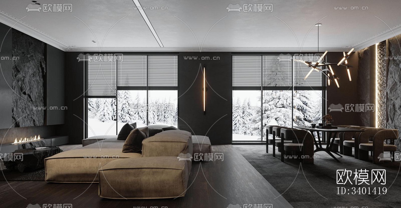 现代大平层效果图下载（渲染图3）