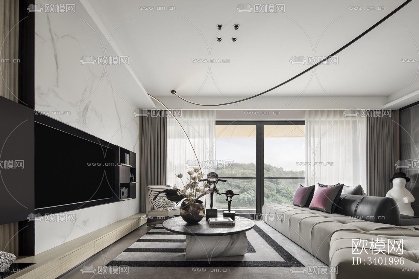 现代大平层效果图下载（渲染图1）