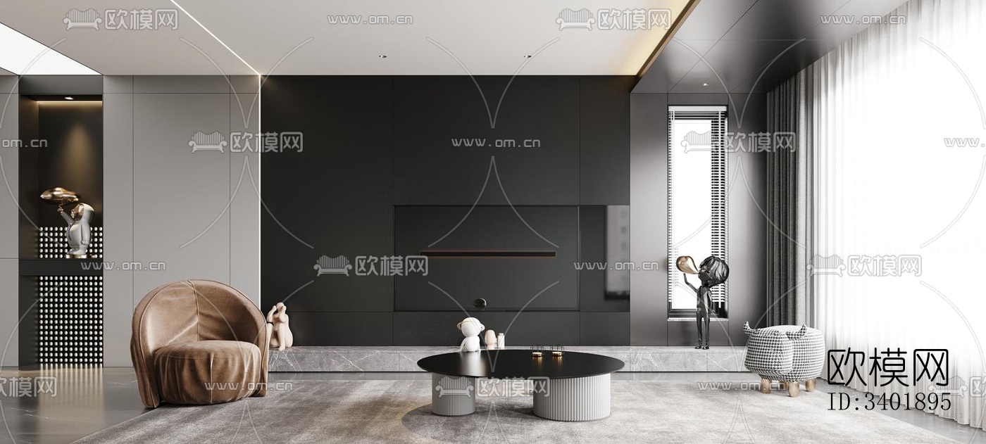 现代大平层效果图下载（渲染图1）