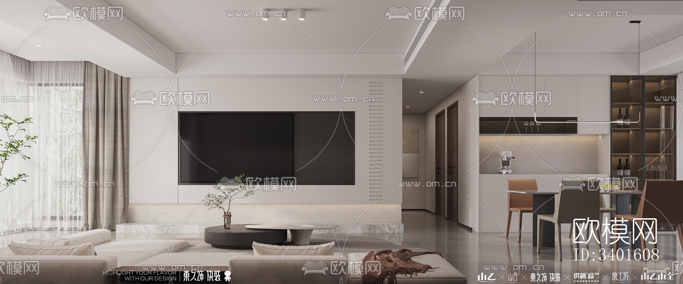 现代大平层效果图下载（渲染图1）