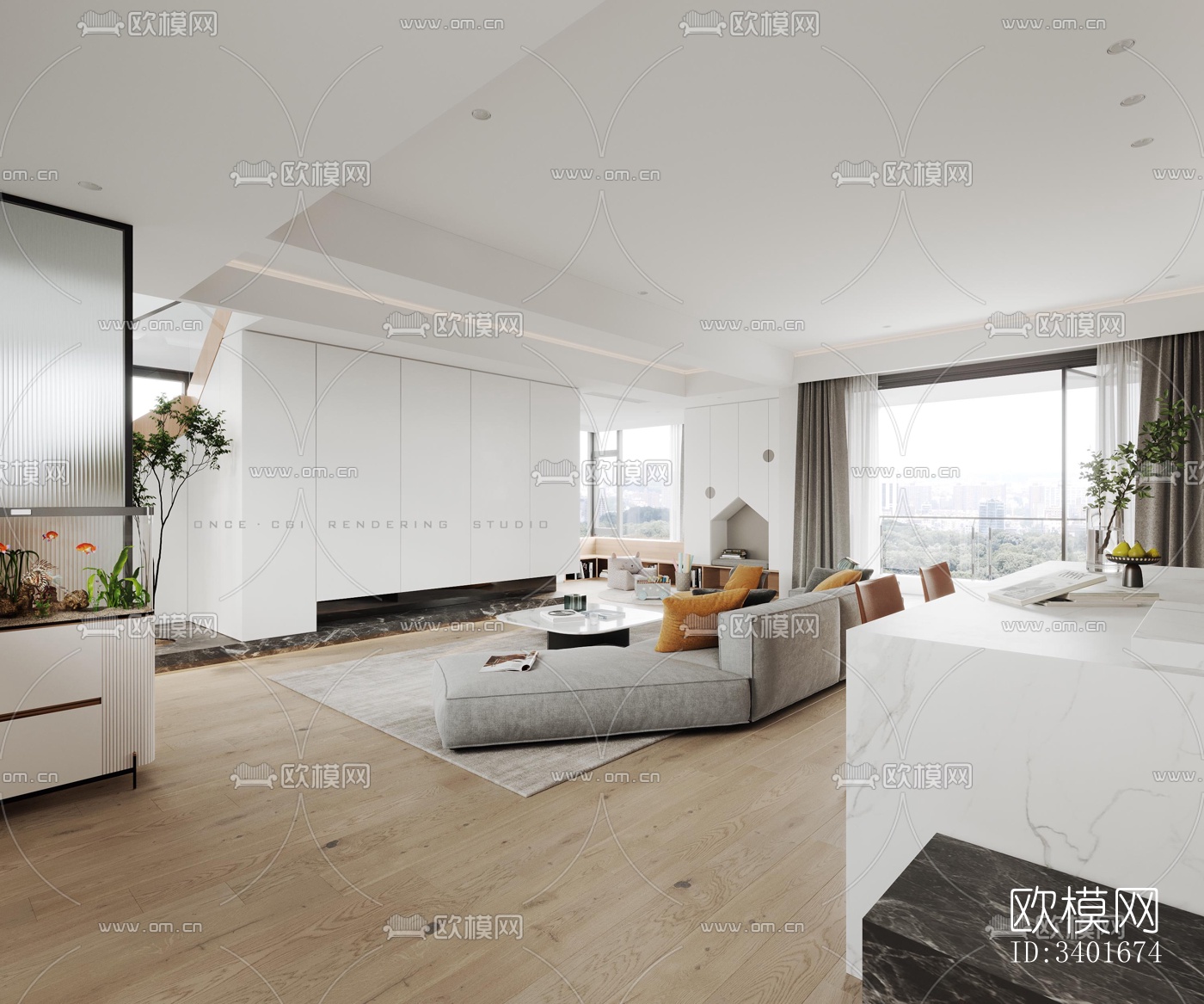 现代大平层效果图下载（渲染图1）