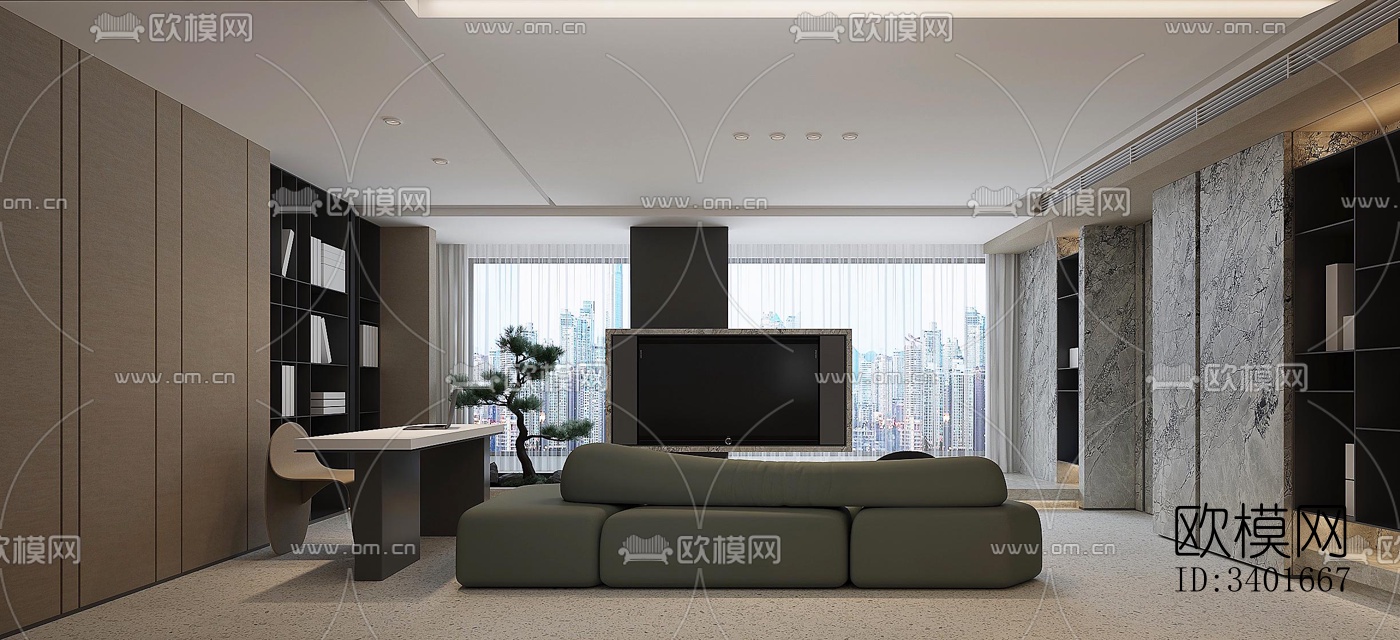 现代大平层效果图下载（渲染图1）