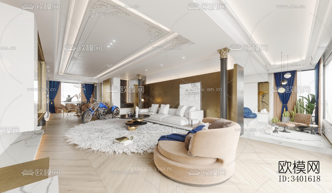 现代大平层效果图下载（渲染图2）