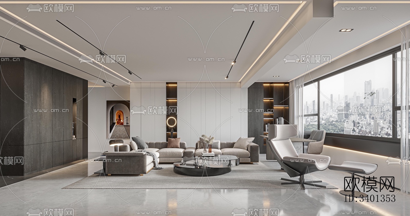 现代大平层效果图下载（渲染图3）