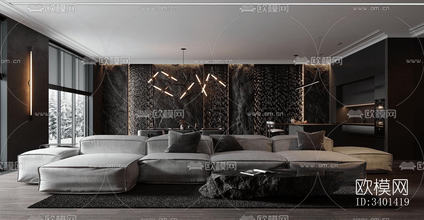 现代大平层效果图下载（渲染图2）