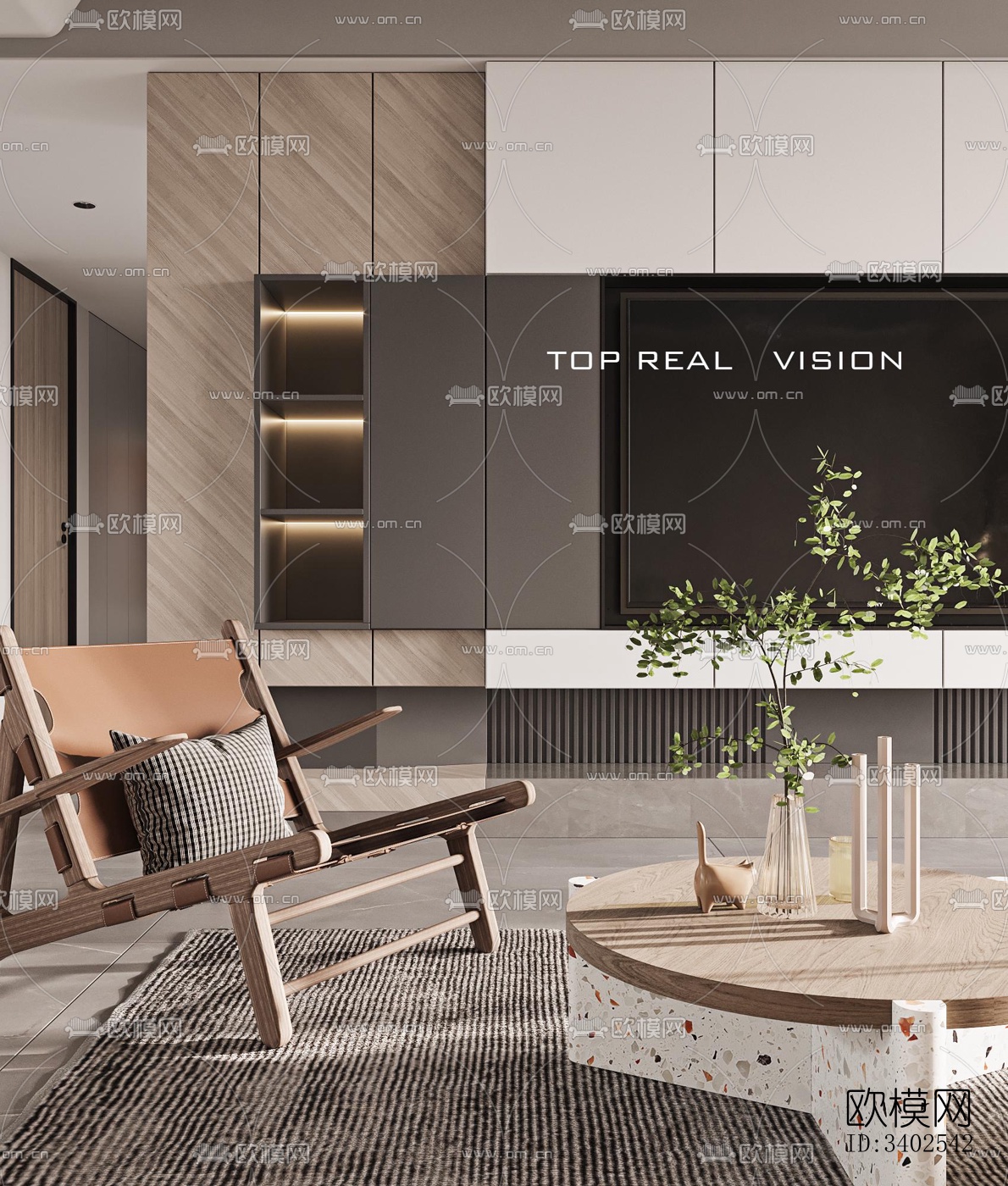 现代大平层效果图下载（渲染图1）