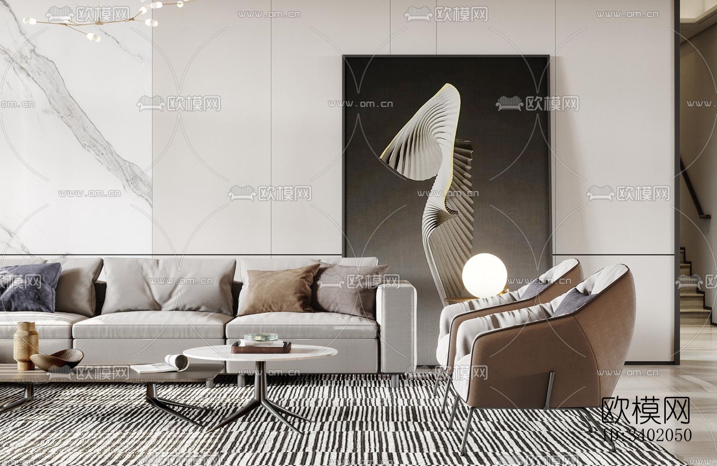 现代大平层效果图下载（渲染图1）