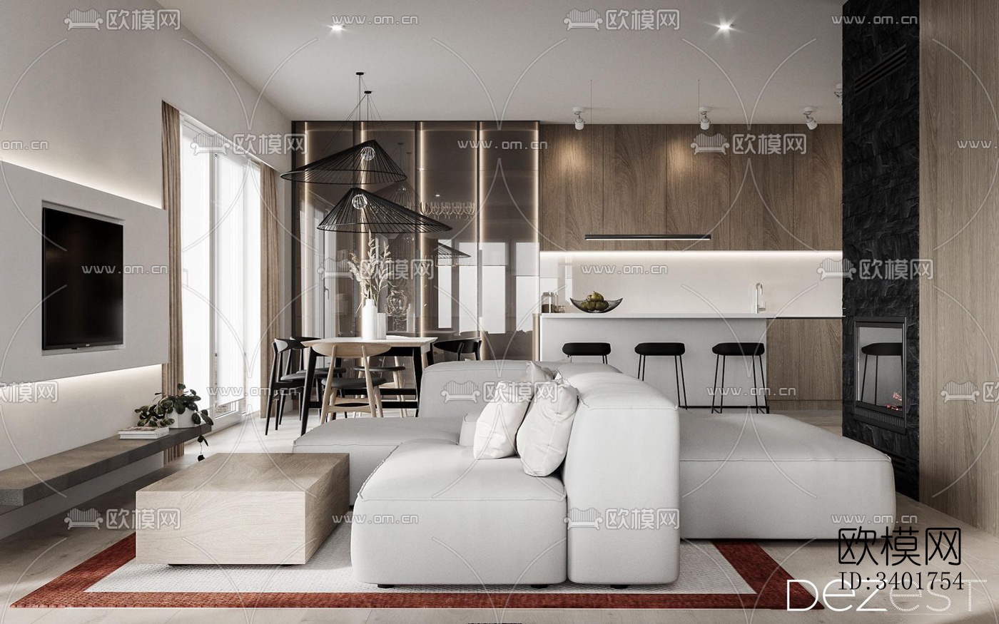 现代大平层效果图下载（渲染图9）