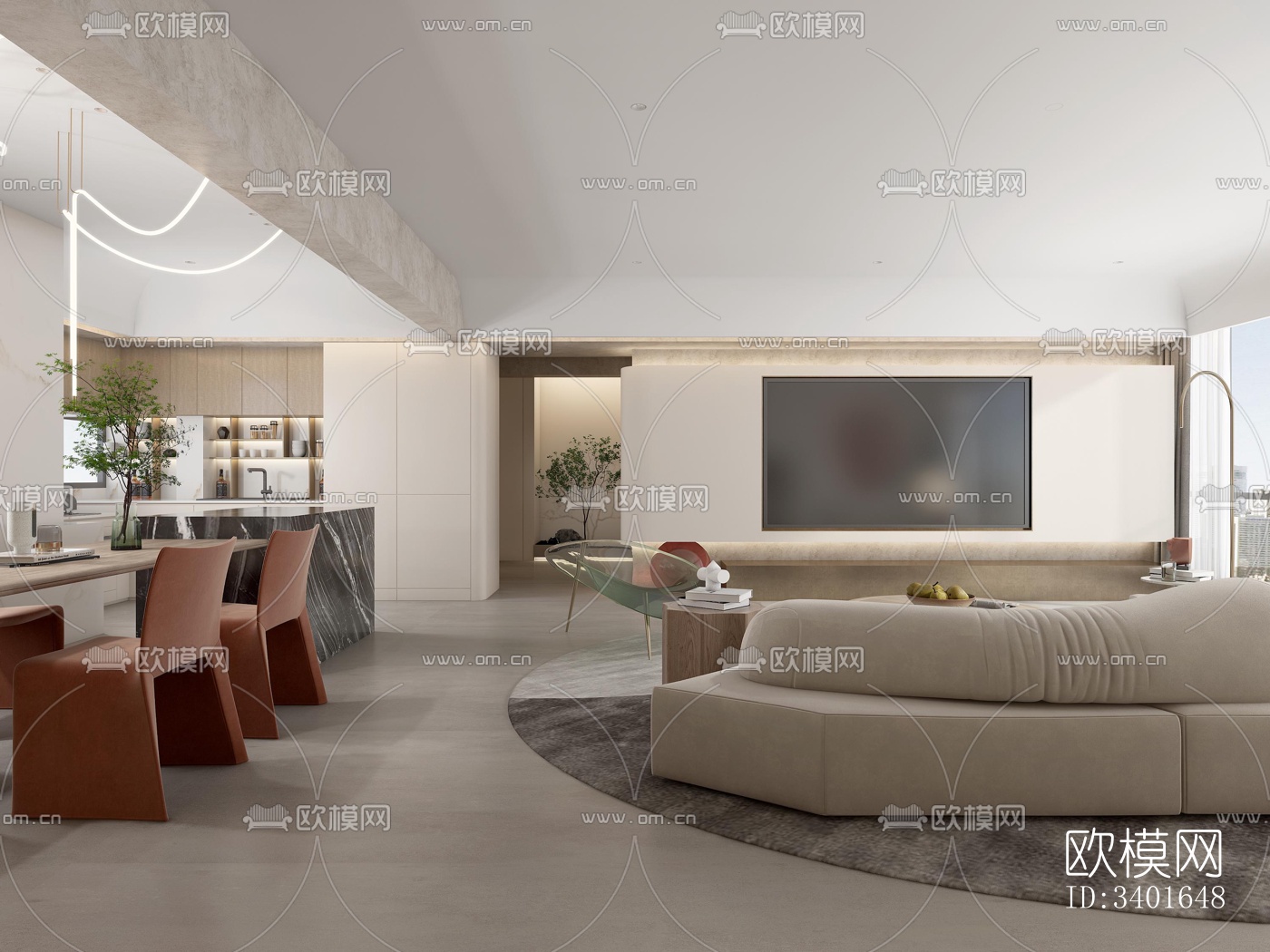 现代大平层效果图下载（渲染图1）