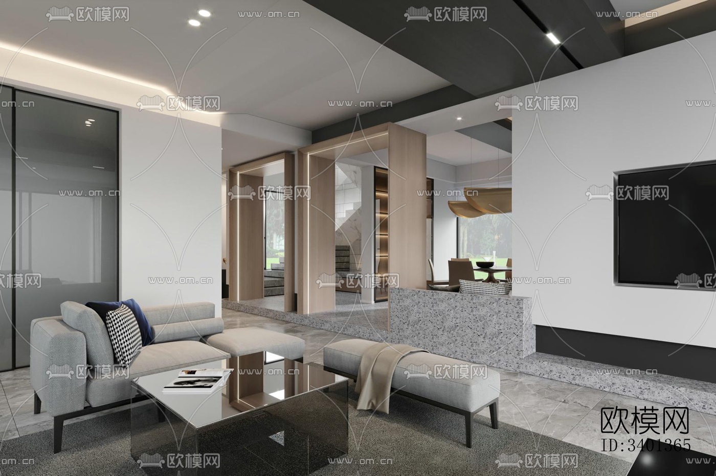 现代大平层效果图下载（渲染图3）