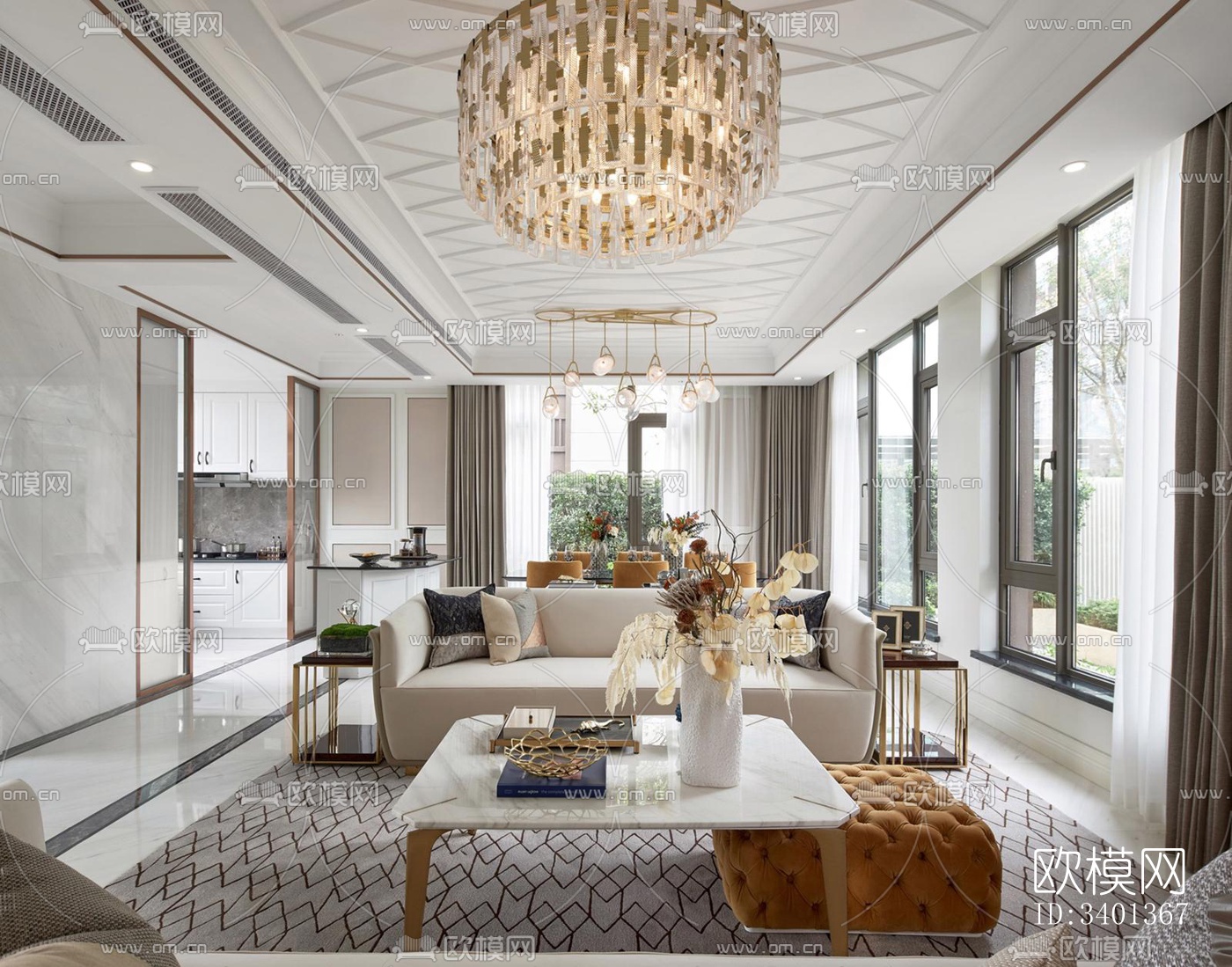 现代大平层效果图下载（渲染图1）