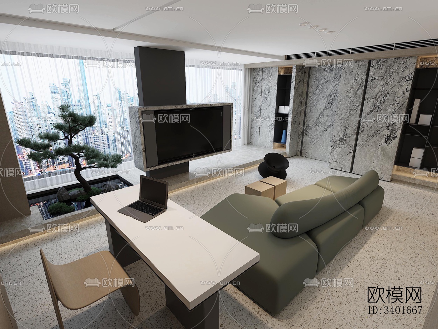 现代大平层效果图下载（渲染图2）