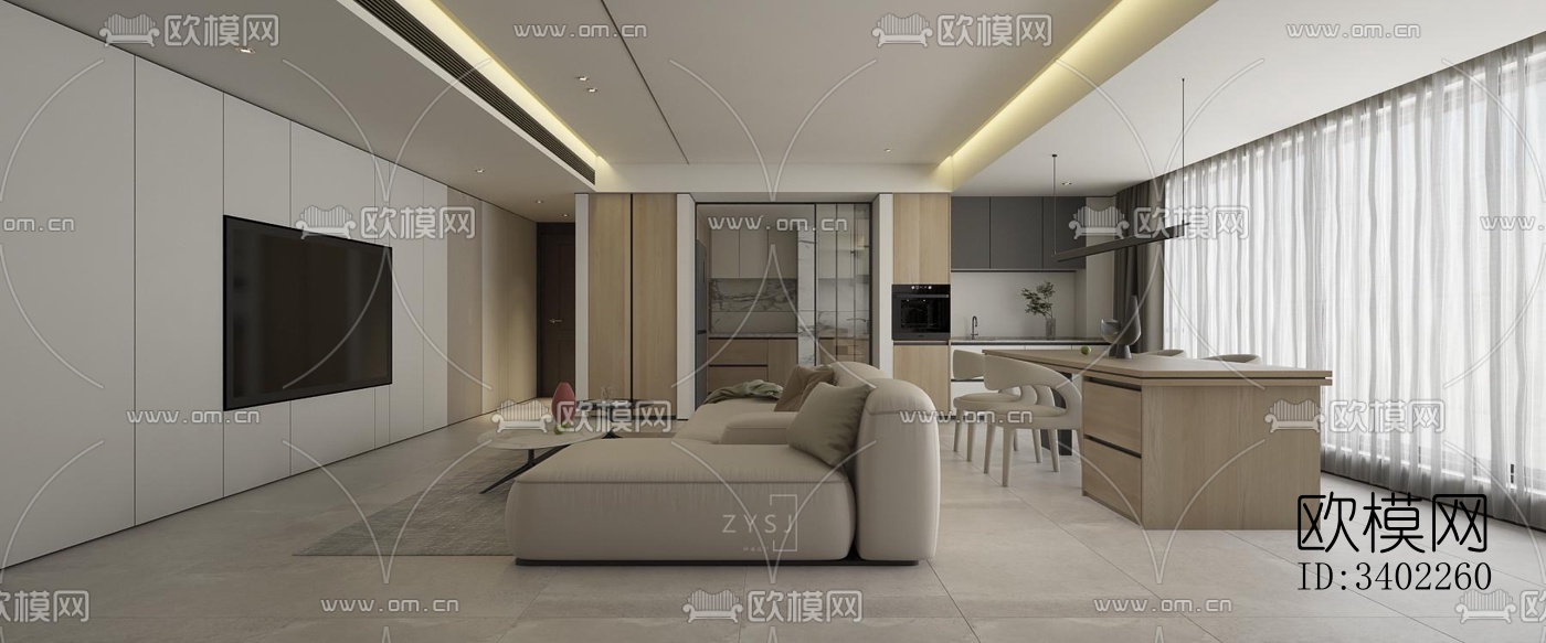 现代大平层效果图下载（渲染图2）