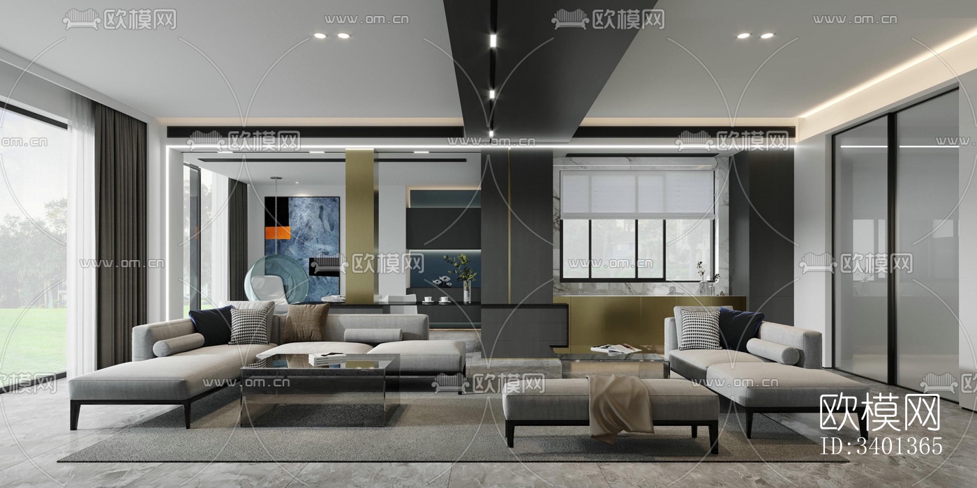 现代大平层效果图下载（渲染图1）