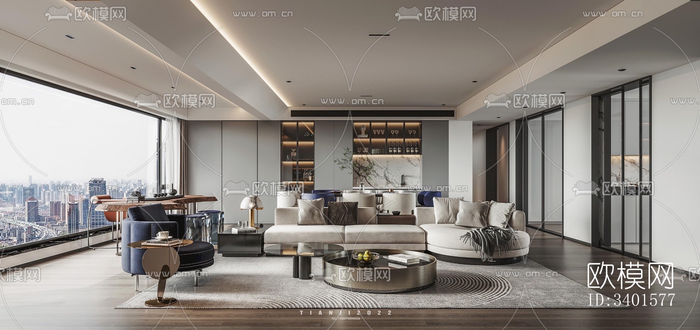 现代大平层效果图下载（渲染图3）