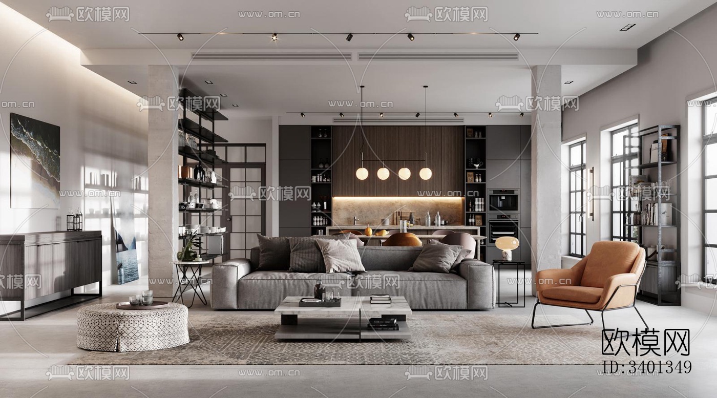 现代大平层效果图下载（渲染图1）