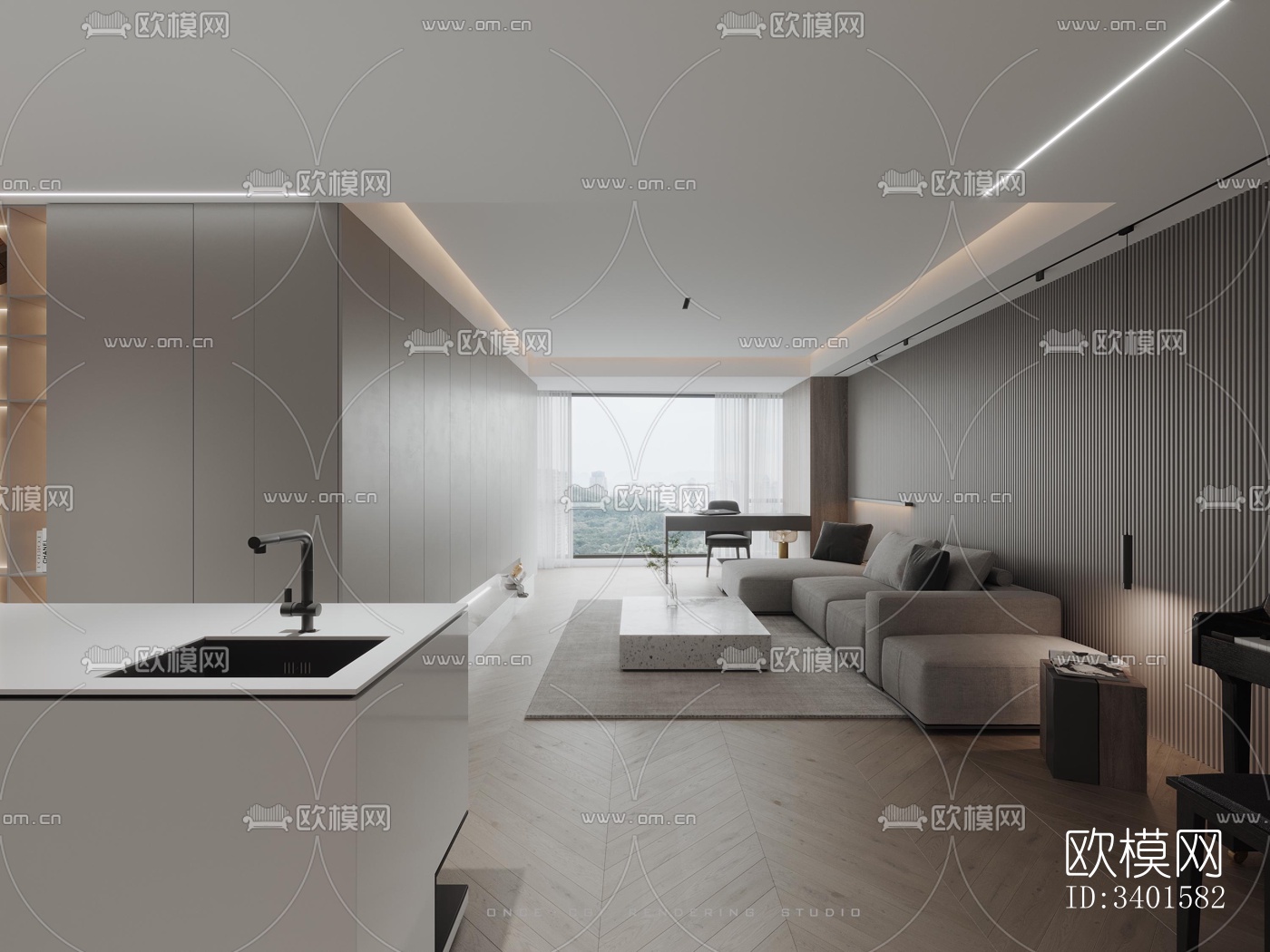 现代大平层效果图下载（渲染图1）