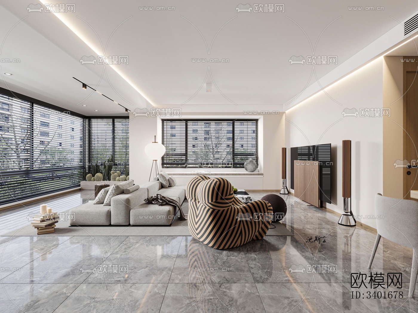 现代大平层效果图下载（渲染图2）