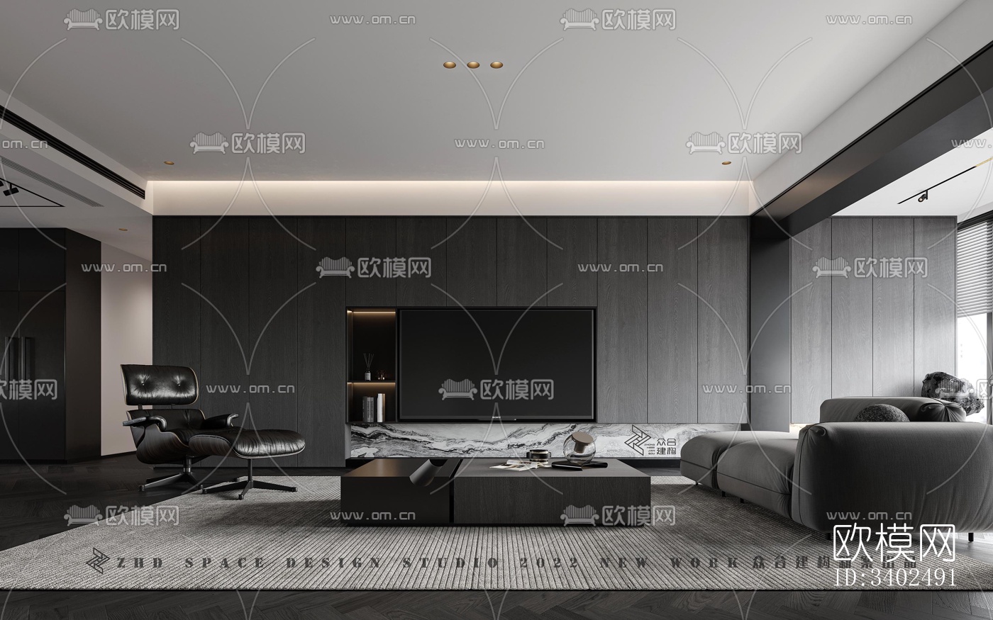 现代大平层效果图下载（渲染图1）