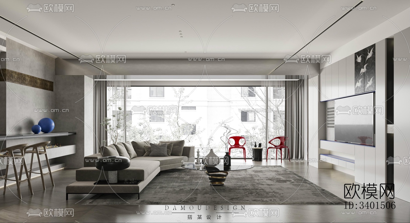 现代大平层效果图下载（渲染图1）