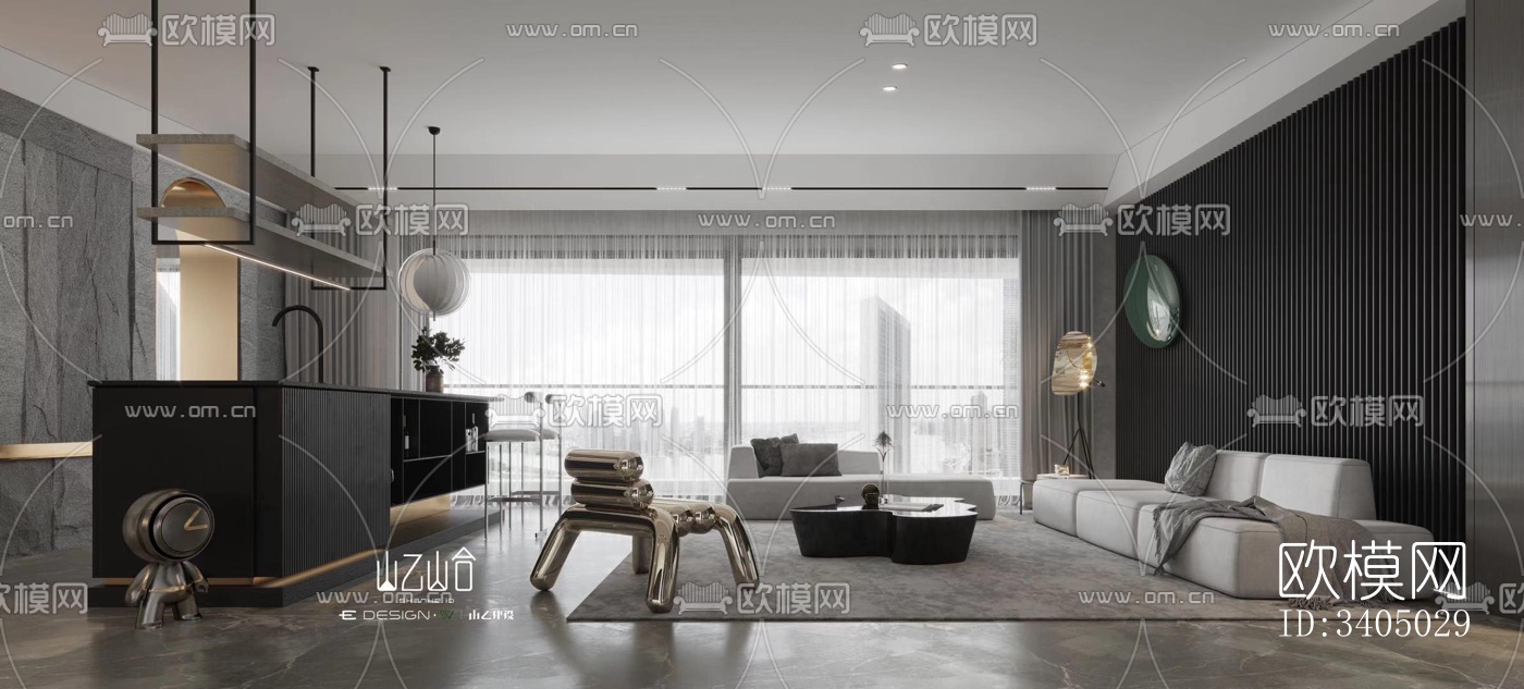 现代大平层效果图下载（渲染图3）