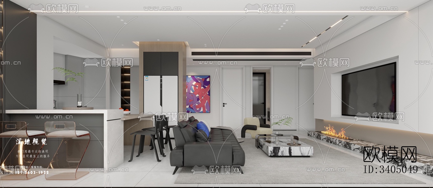 现代大平层效果图下载（渲染图1）