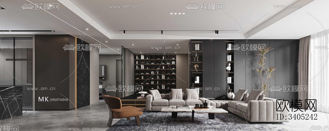 现代大平层效果图下载（渲染图1）