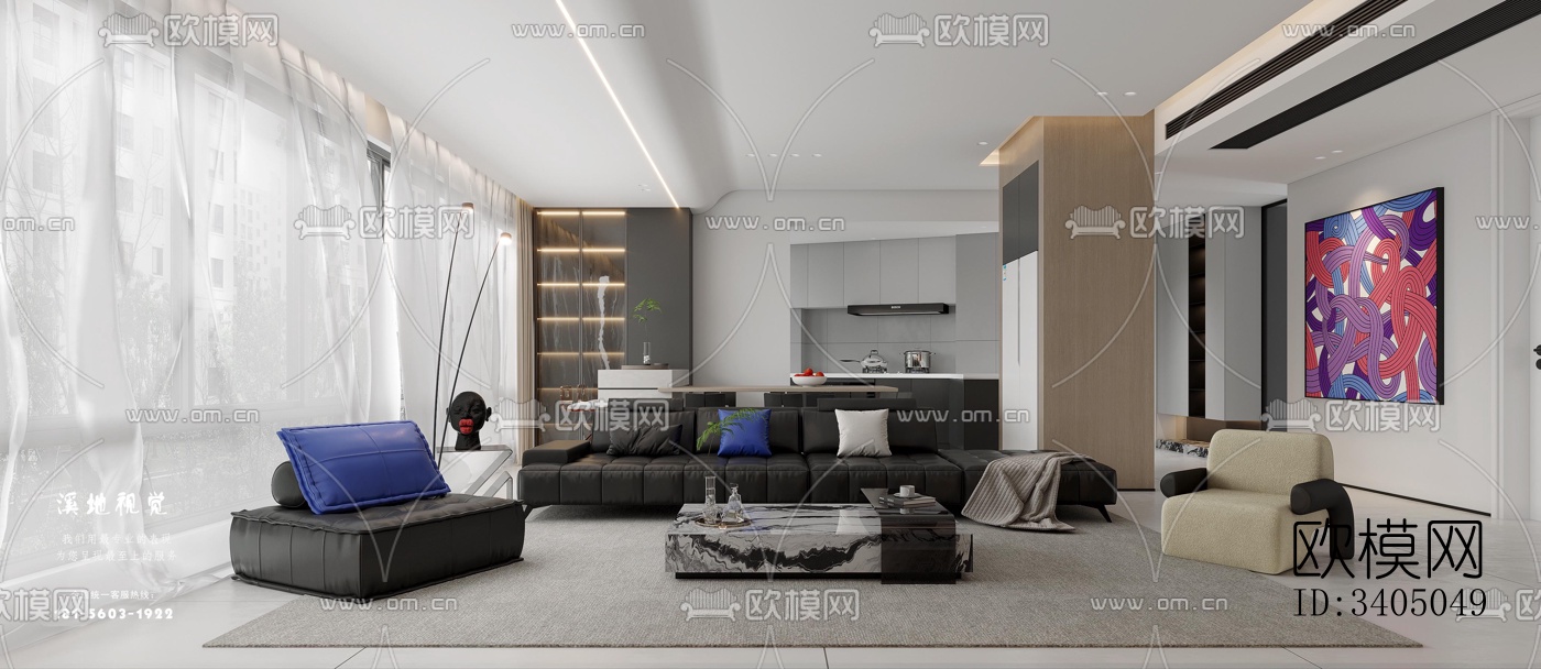 现代大平层效果图下载（渲染图2）