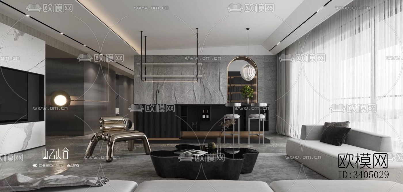 现代大平层效果图下载（渲染图4）