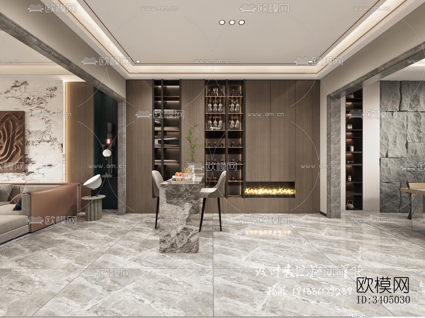 现代大平层效果图下载（渲染图1）