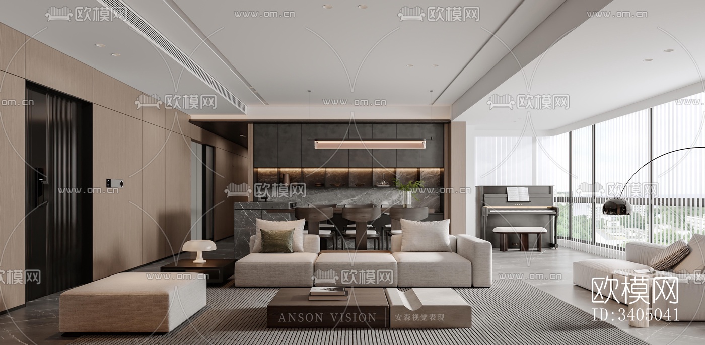 现代大平层效果图下载（渲染图1）