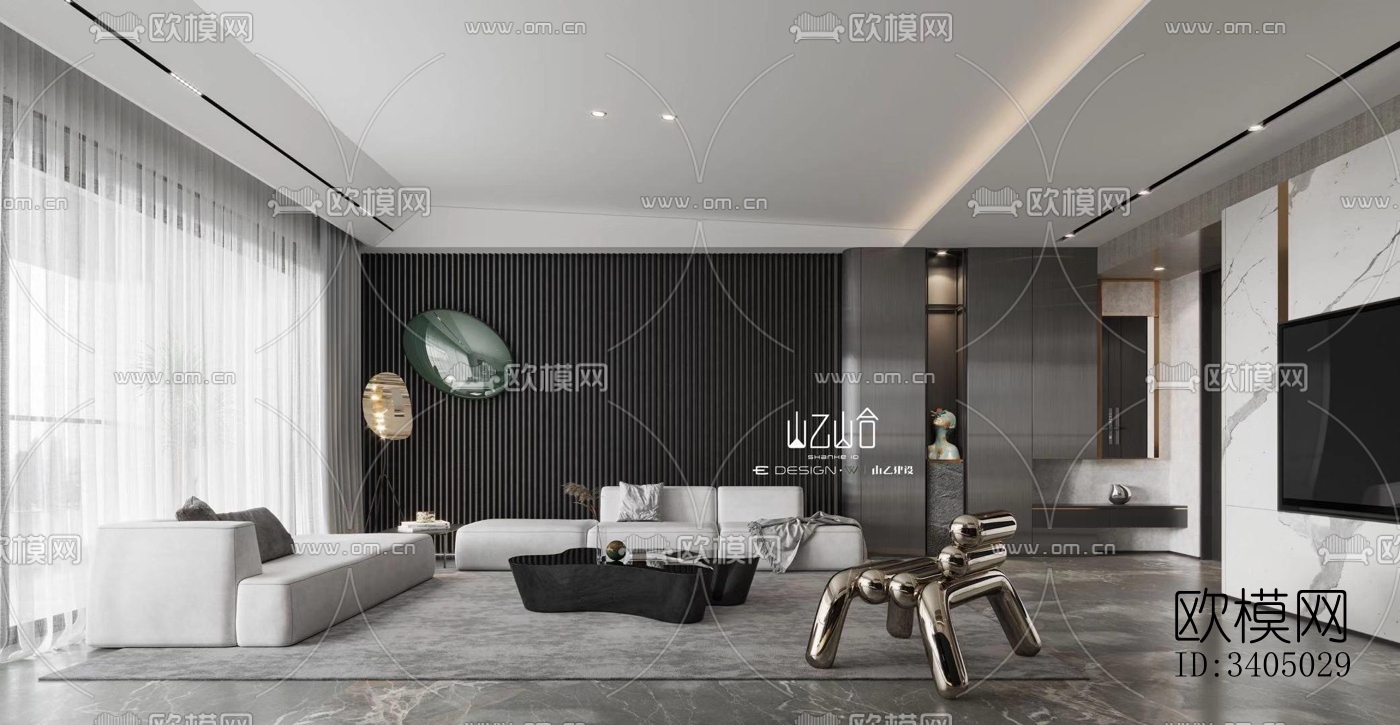 现代大平层效果图下载（渲染图1）