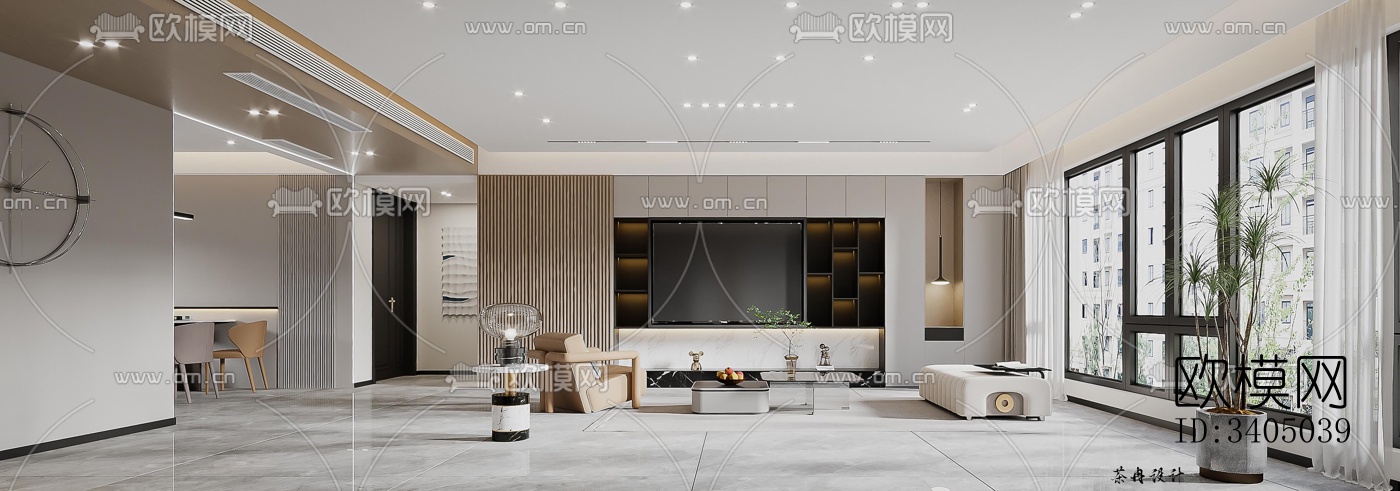 现代大平层效果图下载（渲染图1）