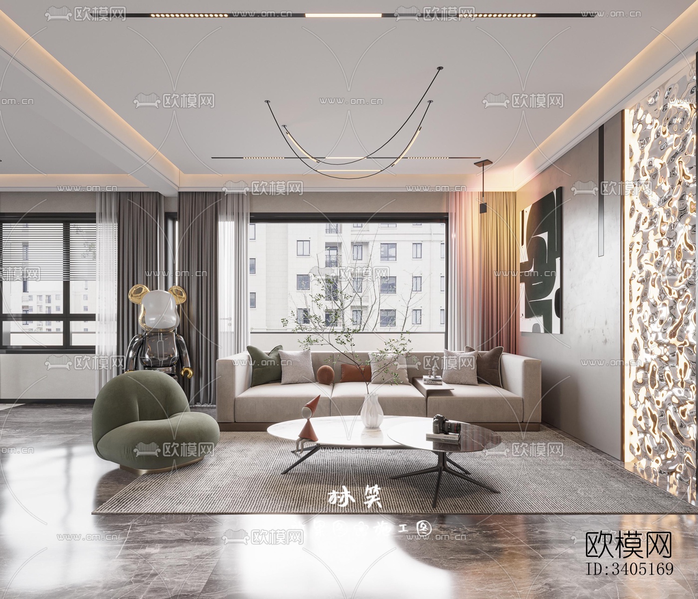 现代大平层效果图下载（渲染图1）