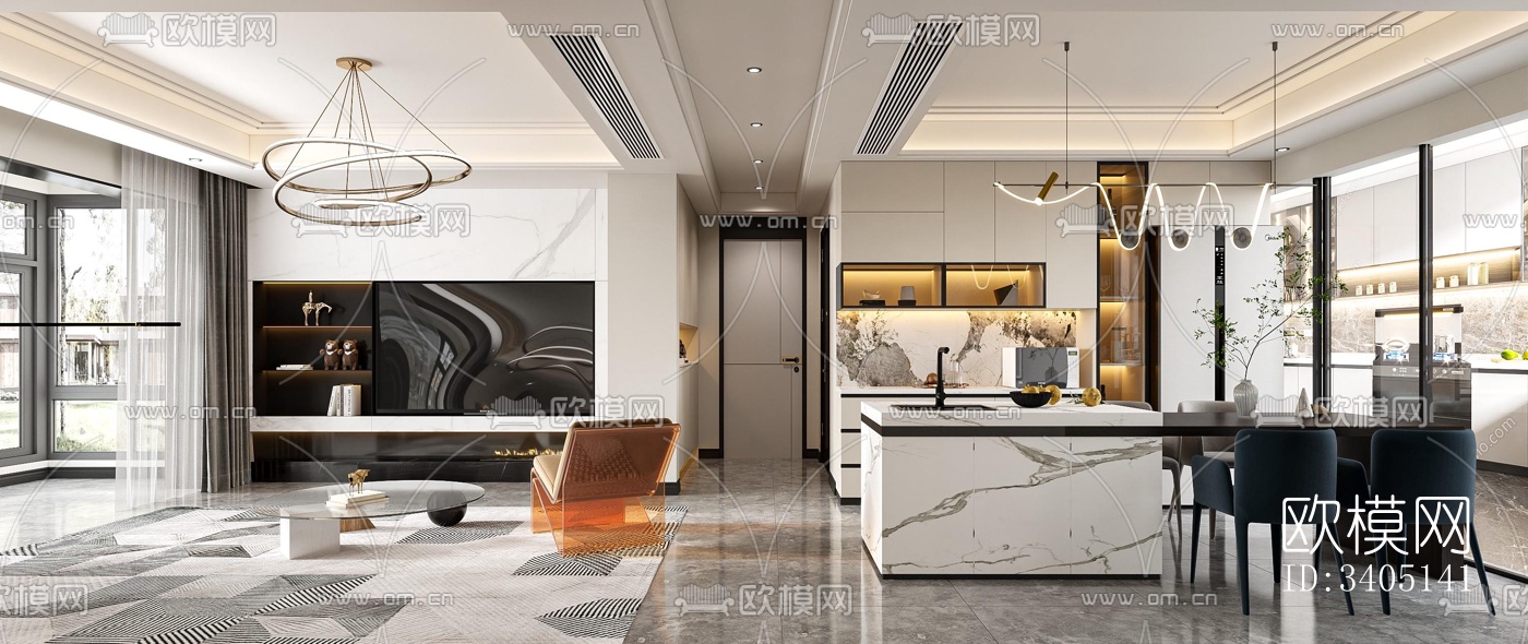 现代大平层效果图下载（渲染图1）