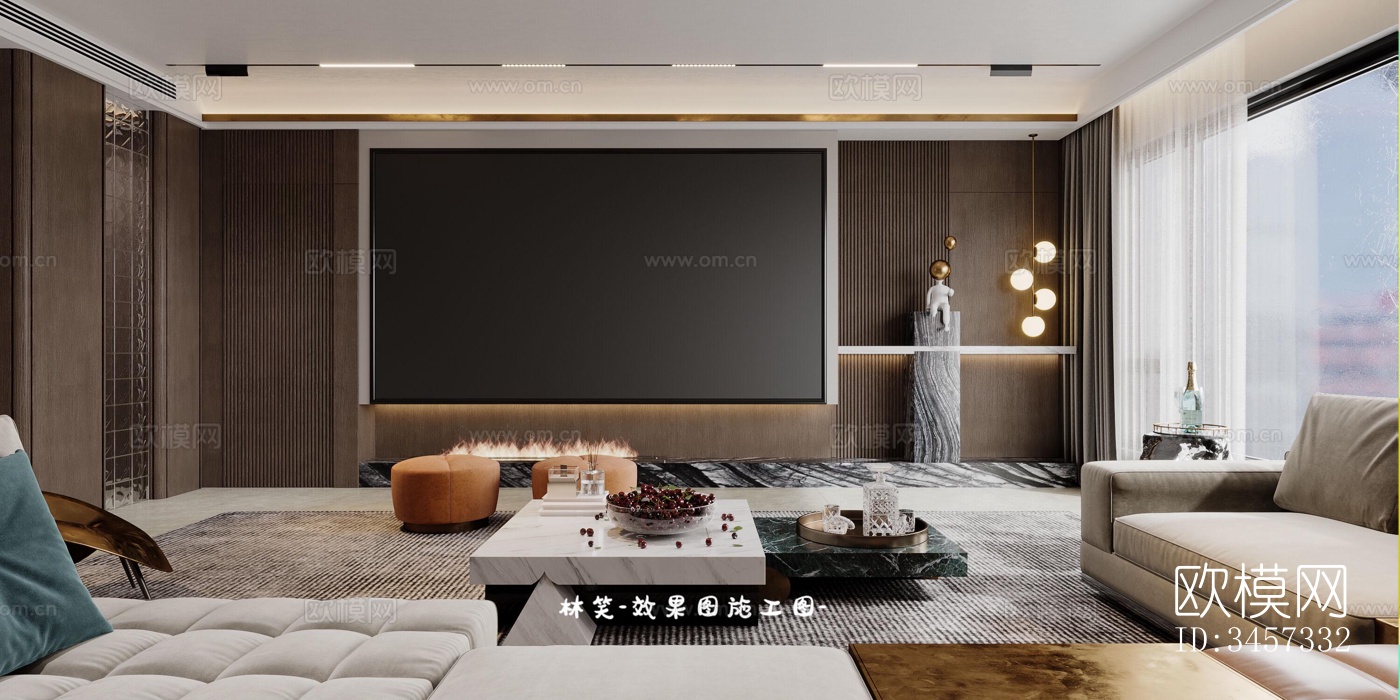 现代大平层效果图下载（渲染图1）