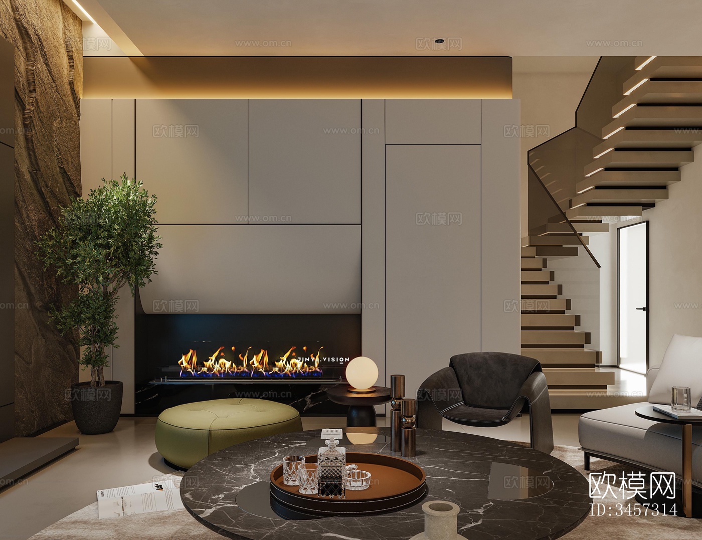 现代大平层效果图下载（渲染图2）