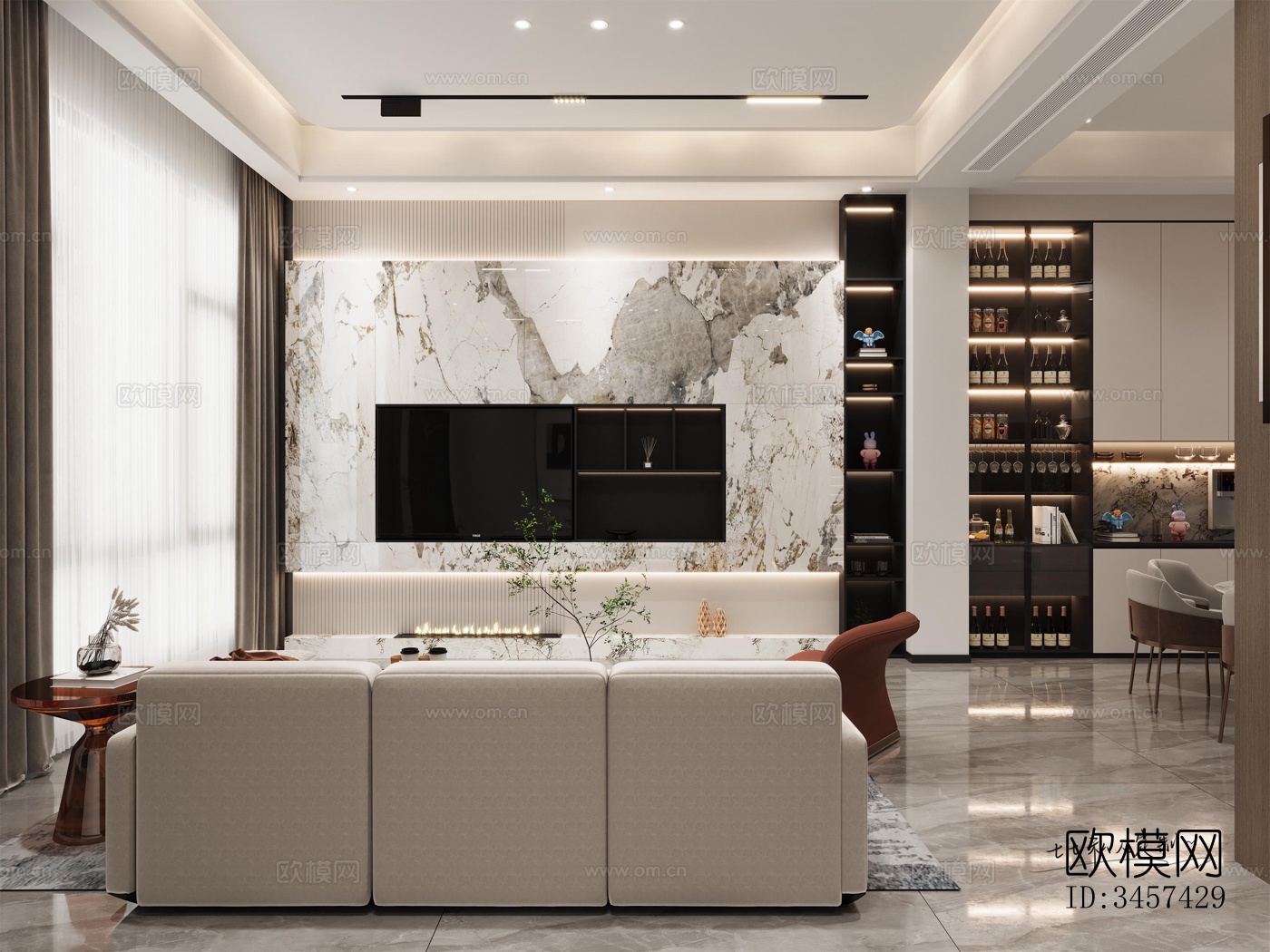 现代大平层效果图下载（渲染图1）