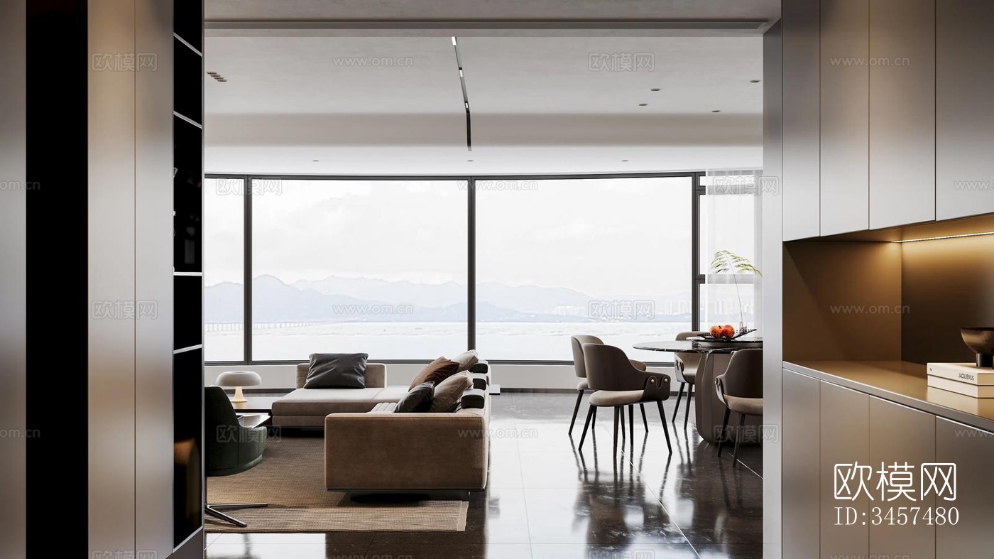 现代大平层效果图下载（渲染图1）