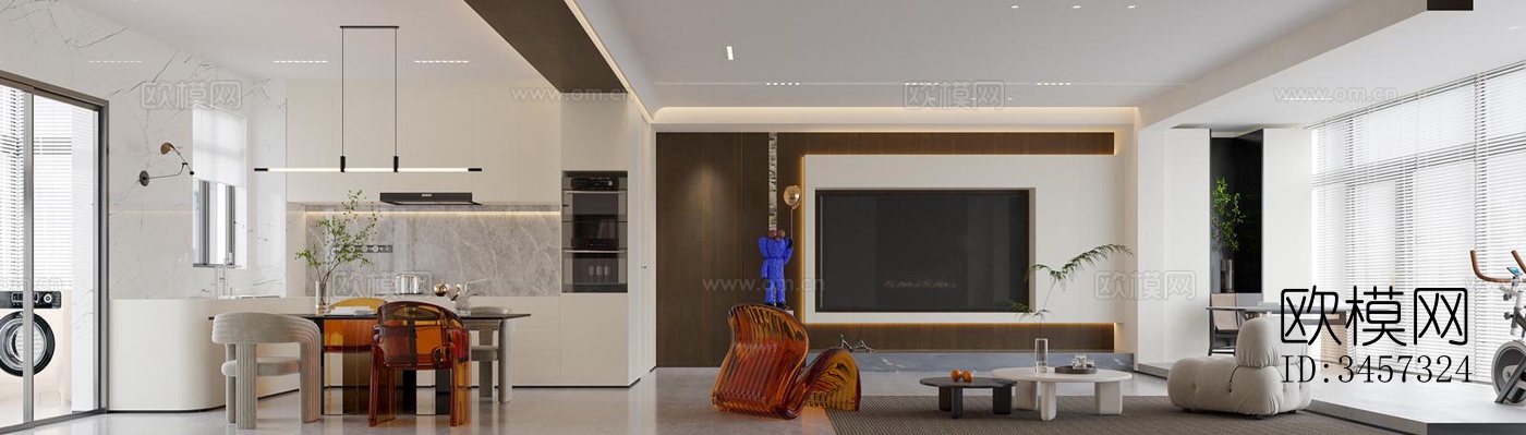 现代大平层效果图下载（渲染图1）