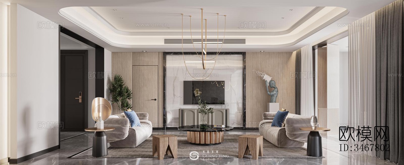 现代大平层效果图下载（渲染图3）