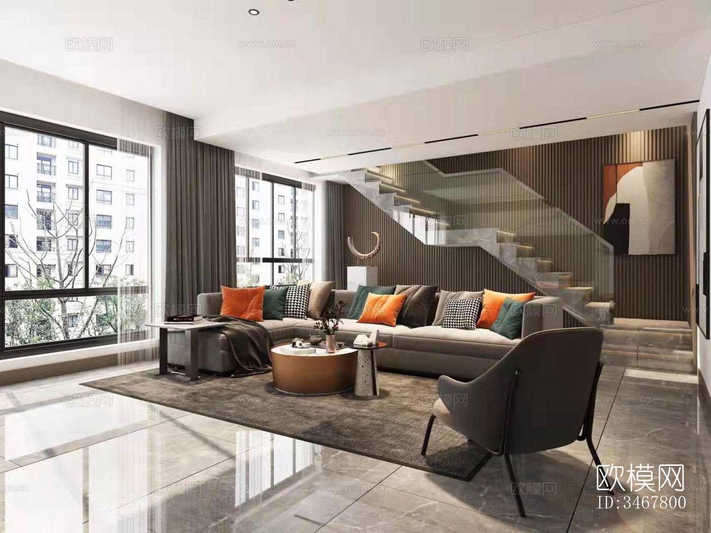 现代大平层效果图下载（渲染图3）