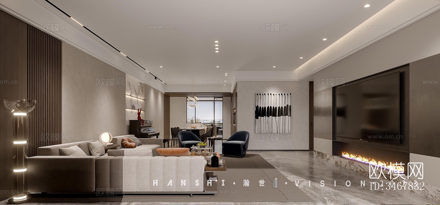 现代大平层效果图下载（渲染图1）