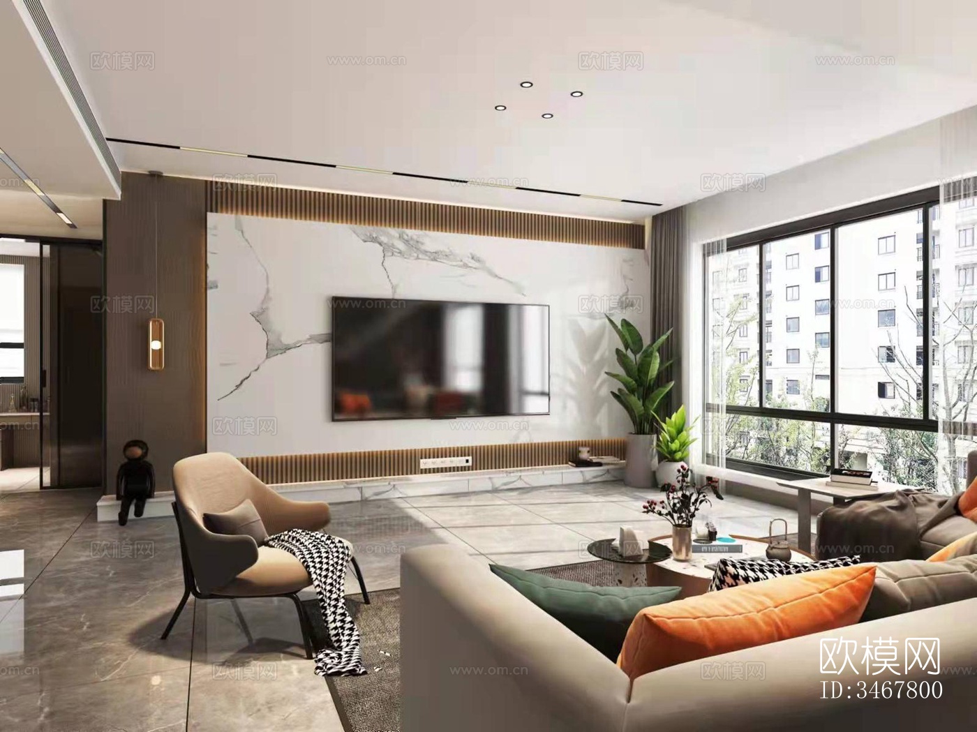 现代大平层效果图下载（渲染图1）