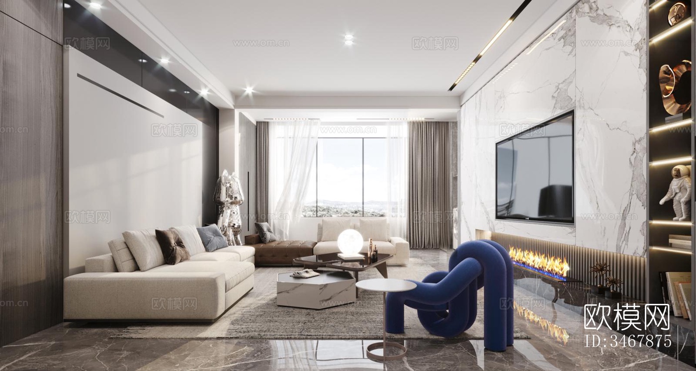 现代大平层效果图下载（渲染图1）